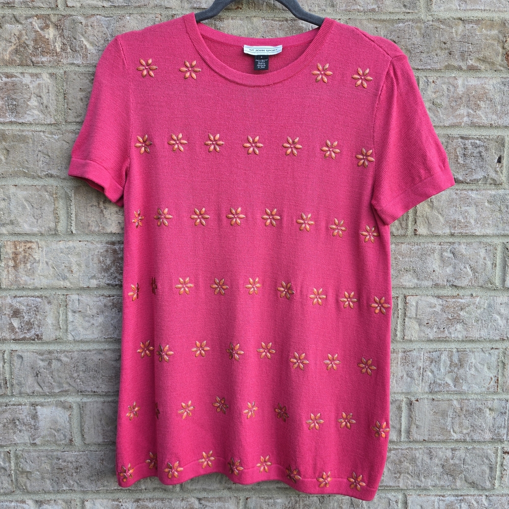 ST JOHN KNIT Collection Sport Coral Pink Floral Bejeweled Short Sleeve Knit Sz 4